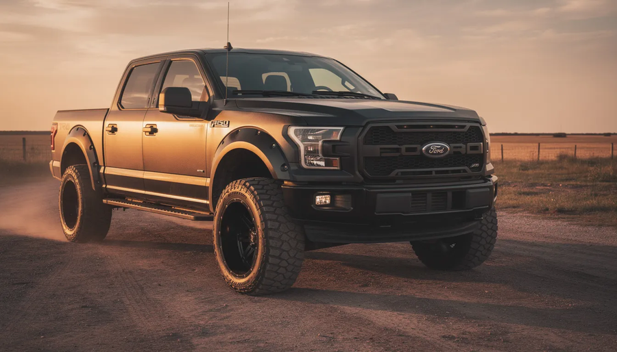 Lifted black truck at golden hour in Texas