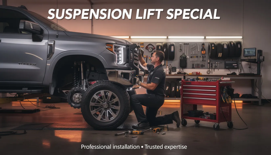 Mechanic installing suspension lift kit