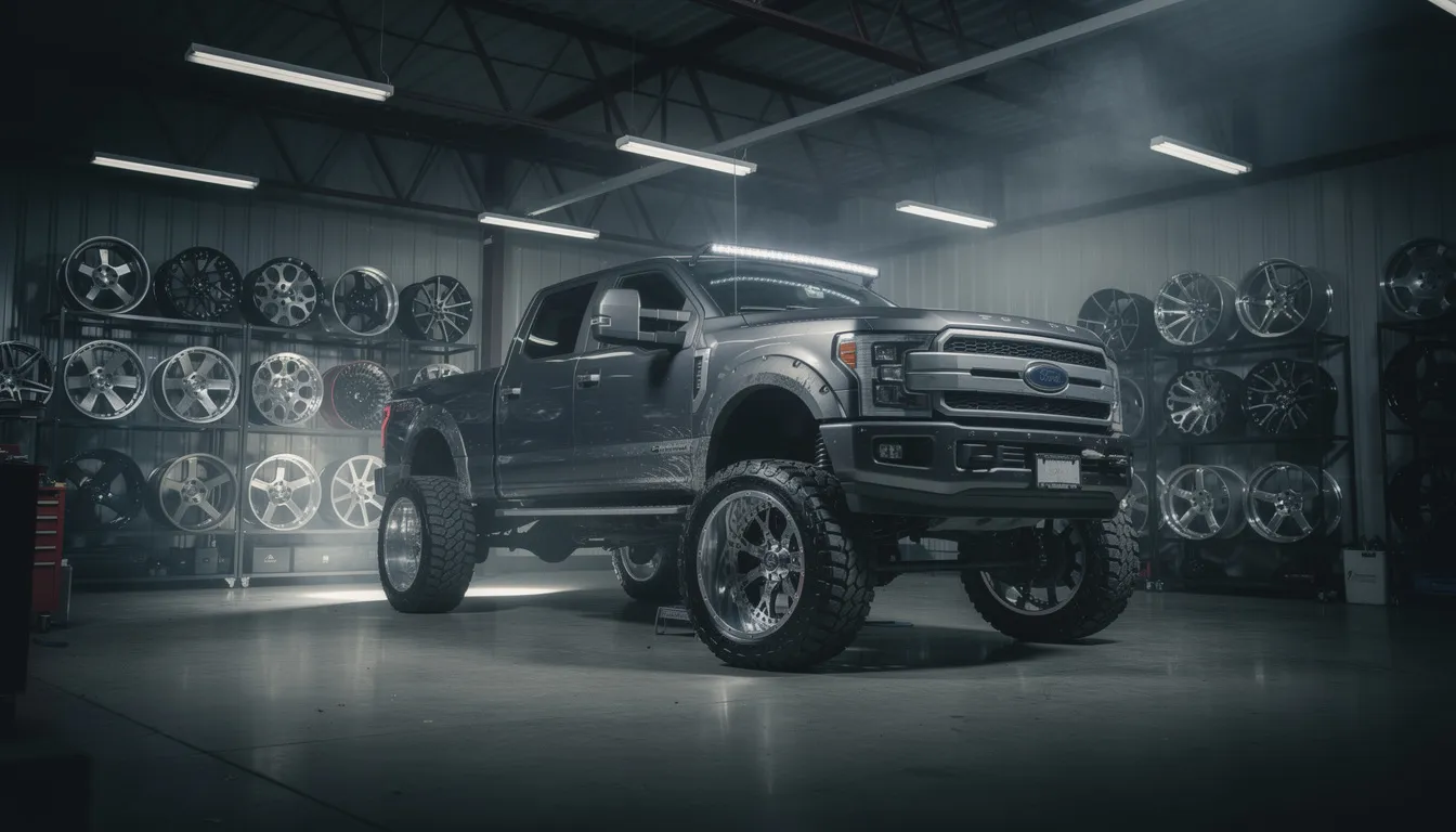 Auto Shop hero background - lifted truck in professional workshop